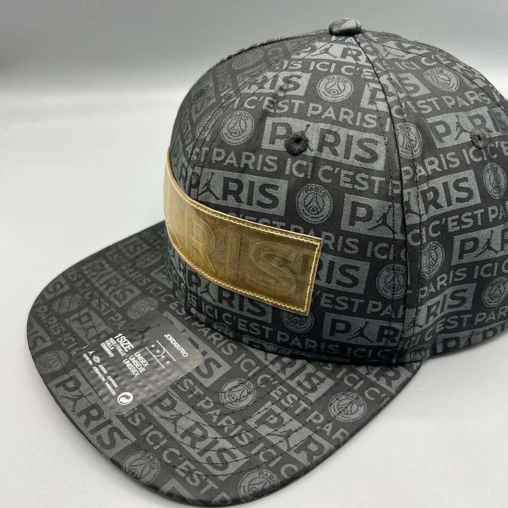 Air Jordan Paris Saint Germain Hat Men Black All Over Logo Jumpman Snap Back Cap